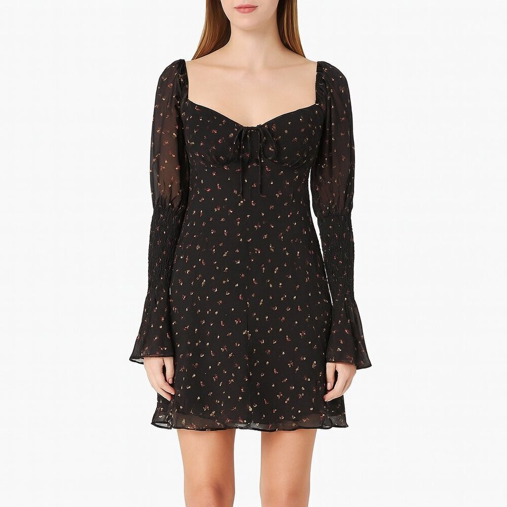 Rat & Boa Cece Black Floral Sheer Mini Dress Long Sleeve XS